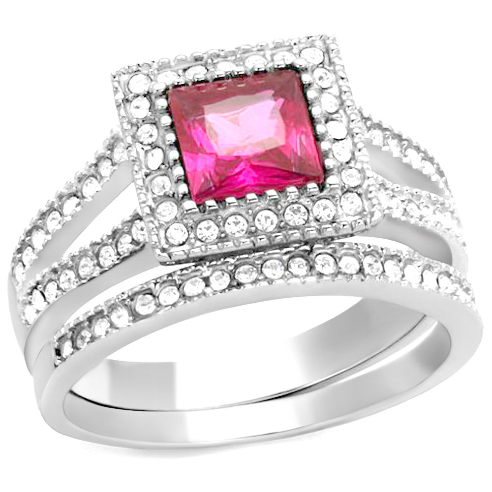 ARTK2293 Stainless Steel 1.64 Ct Princess Cut Ruby Zirconia Halo Wedding Ring Set Sz 5-10